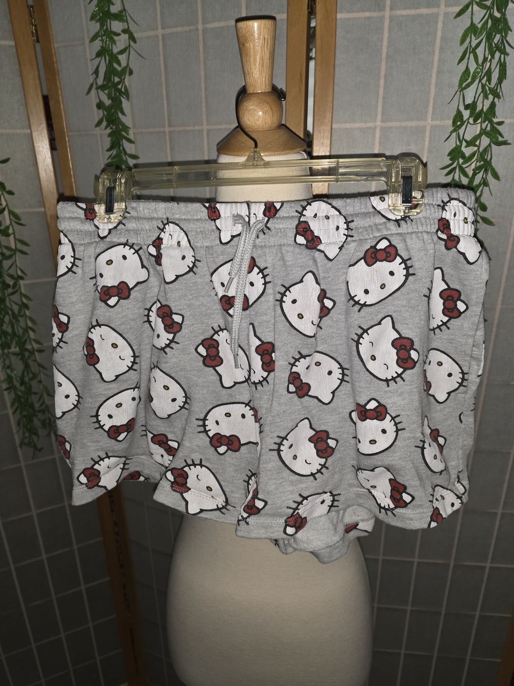 Hello Kitty Gray Lounge Shorts with Red Bow Print